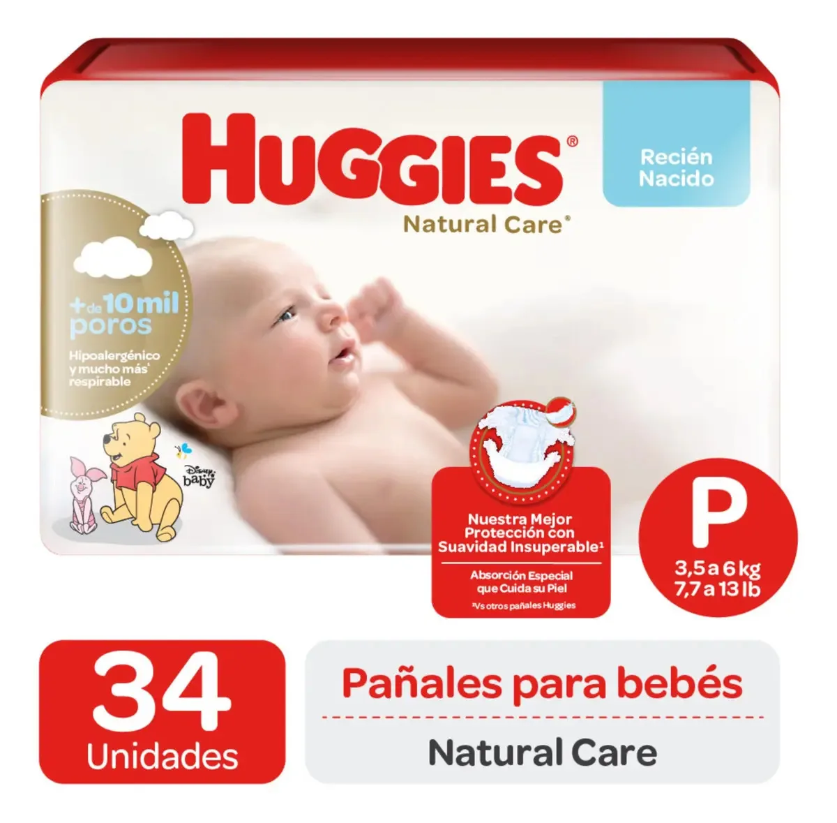 Pañales Huggies Natural Care talla P, 34 unidades